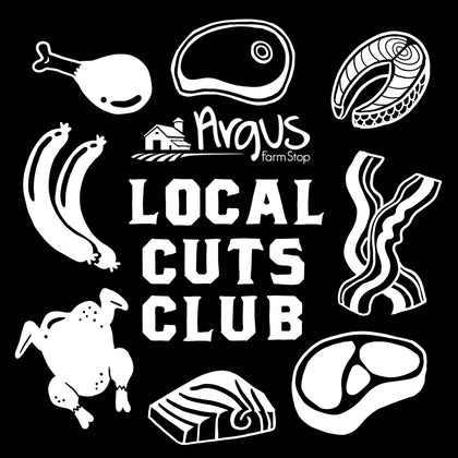 Image has a black background with white text. The text reads "Argus Farm Stop Local Cuts Club". There are drawings of different cuts of meat that surround the text in the middle.